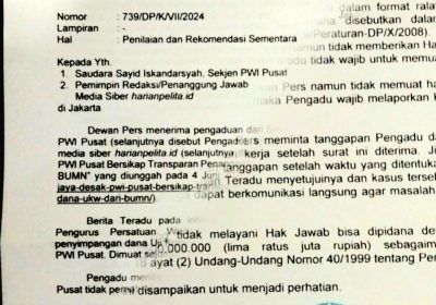 Bantahan Sayid Iskandarsyah Soal Berita HarianPelita.id, “PWI Jaya Desak PWI Pusat Bersikap Transparan Penanganan Dugaan Penyimpangan Dana UKW dari BUMN diunggah pada 4 Juni 2024”.